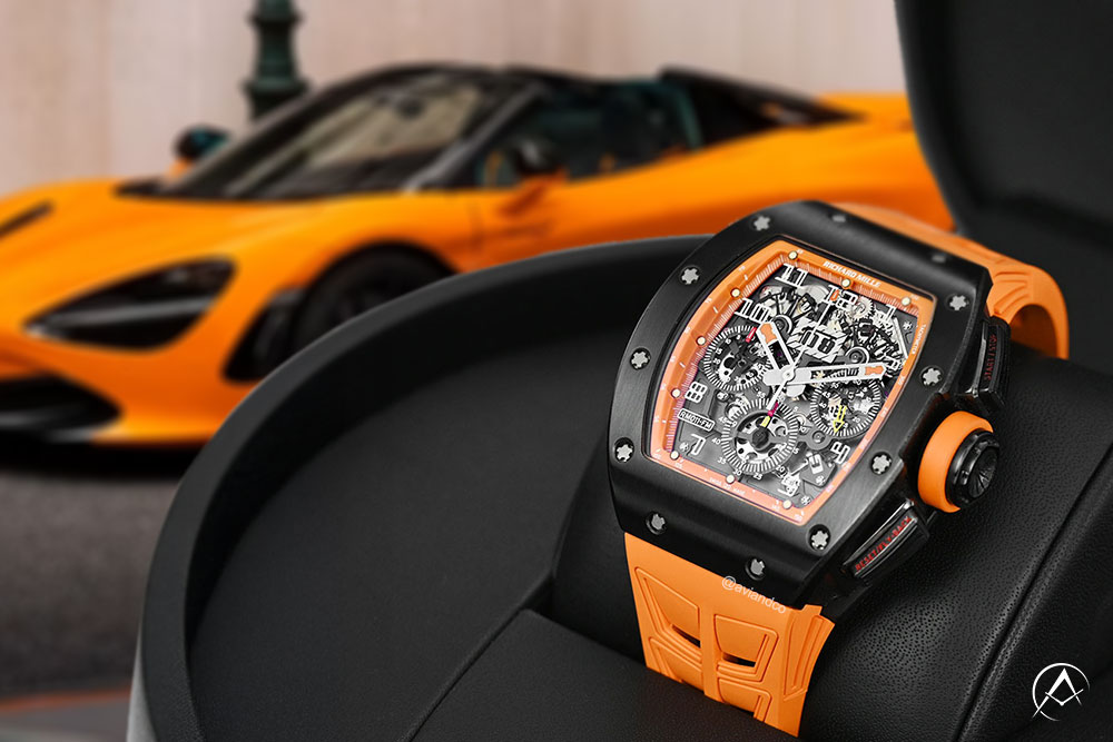 Orange Richard Mille watch with McLaren sports car