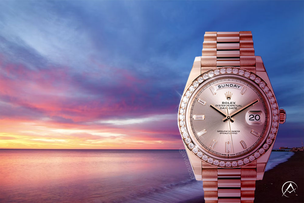 Rolex Day-Date 40, 18K Rose Gold, Sundust Baguette Diamond Dial sunset background