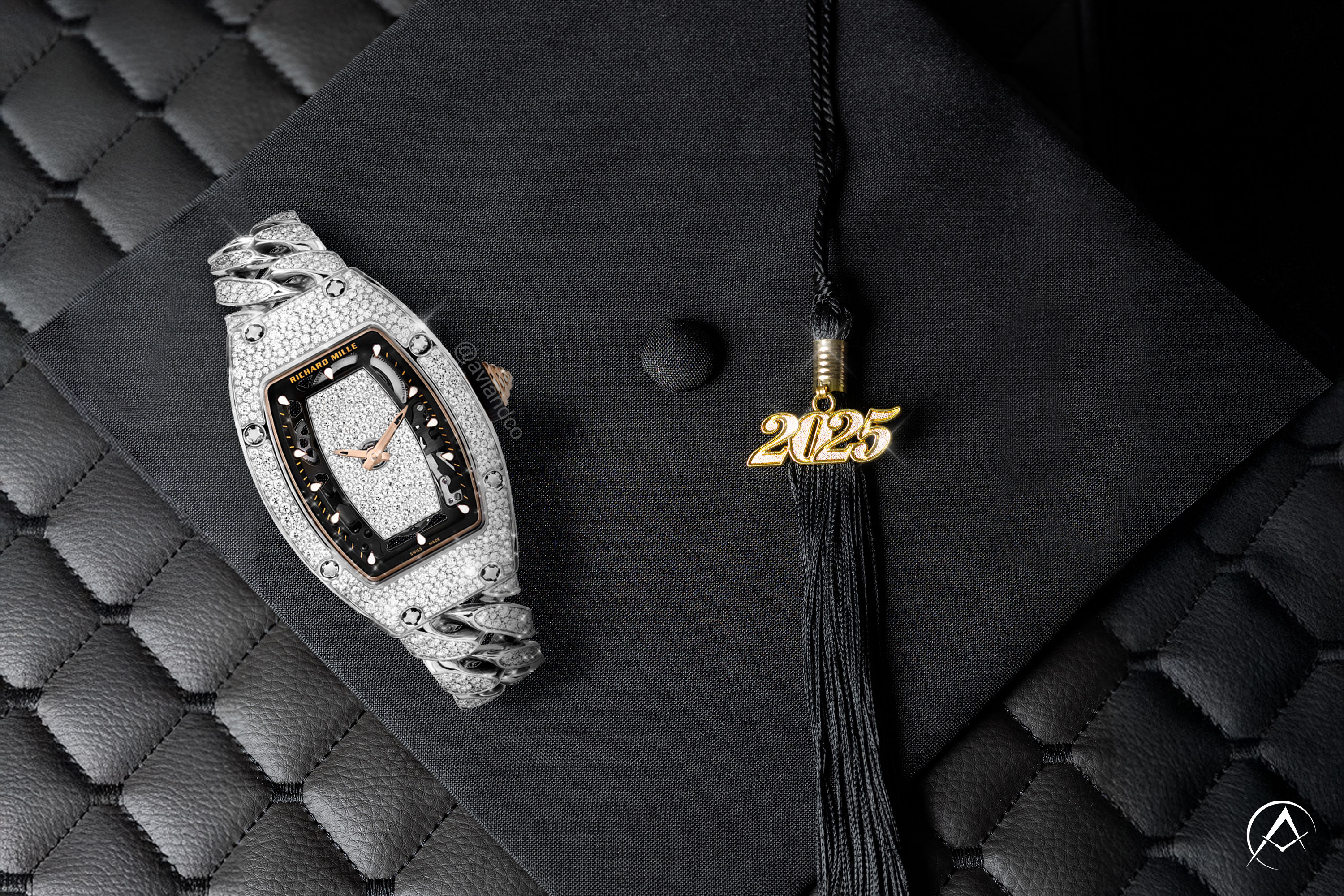 Richard Mille RM 07-01, 18 White Gold, Array of Diamonds on graduation cap background black