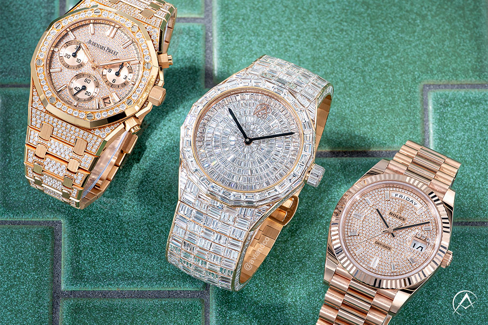 Diamond-set watches from Rolex, Audemars Piguet, and Avi & Co. 