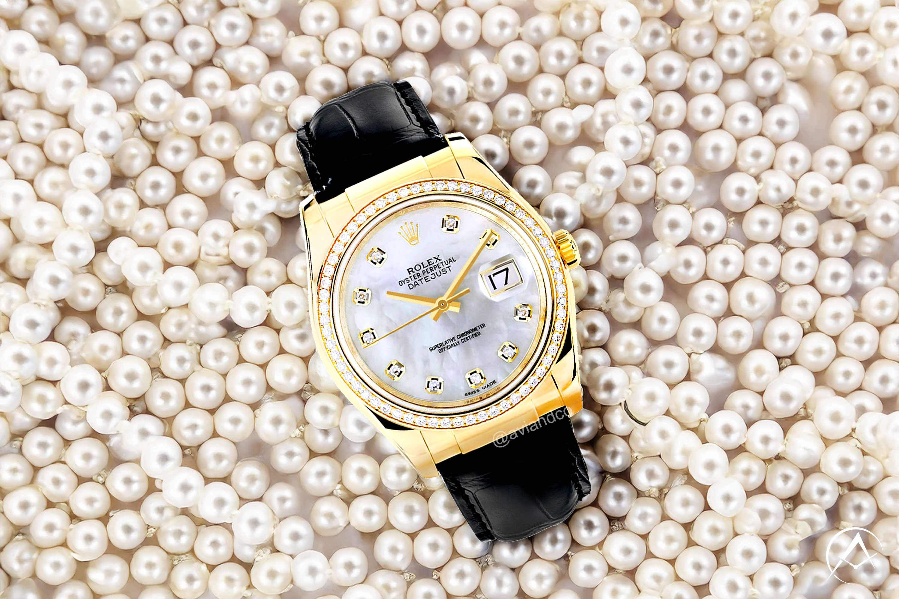 Rolex Datejust 36, 18K Yellow Gold, Pearl Dial on a pearl background