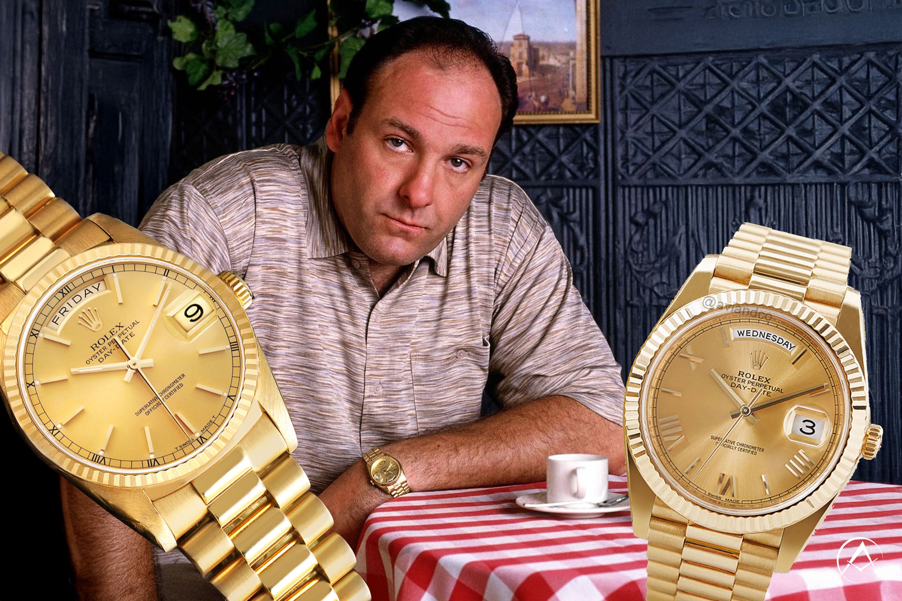 Tony Soprano pictured sitting at a table with gold Rolex Day Date watches in the foreground