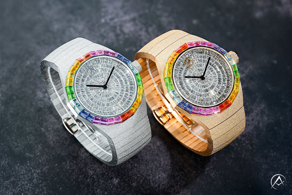 Avi & Co. Frosted Rainbow Watches, 18K White Gold and 18K Rose Gold, Diamond Dial, Sapphire Bezel