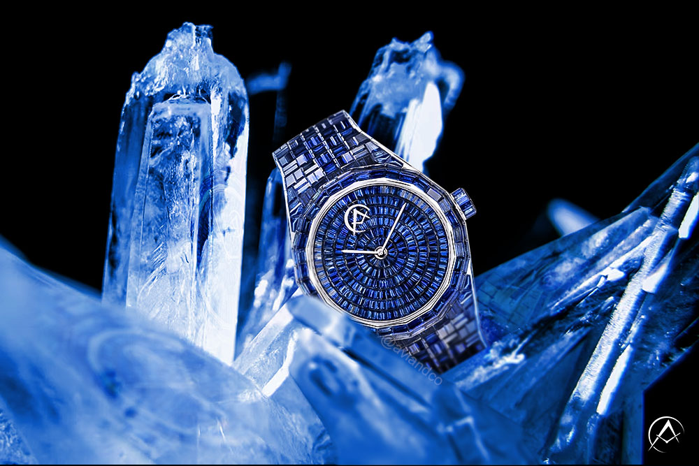 Avi & Co. Hue Collection Blue Sapphire Watch AH17, 18K White Gold, 44 mm