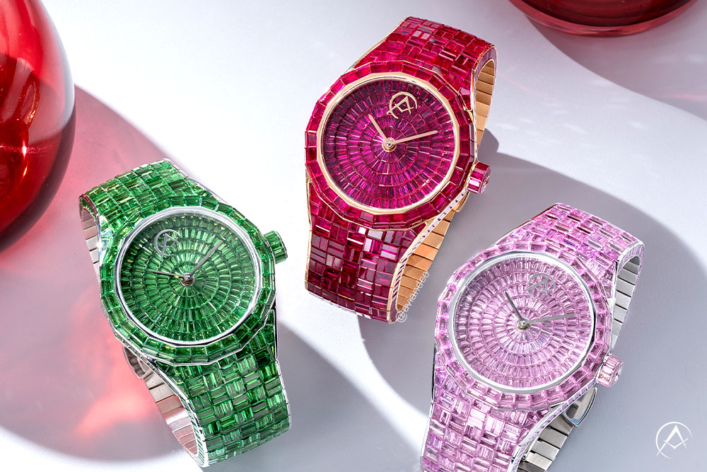 Avi & Co. Hue Collection watches: red ruby watch, green tsavorite watch, and pink sapphire watch