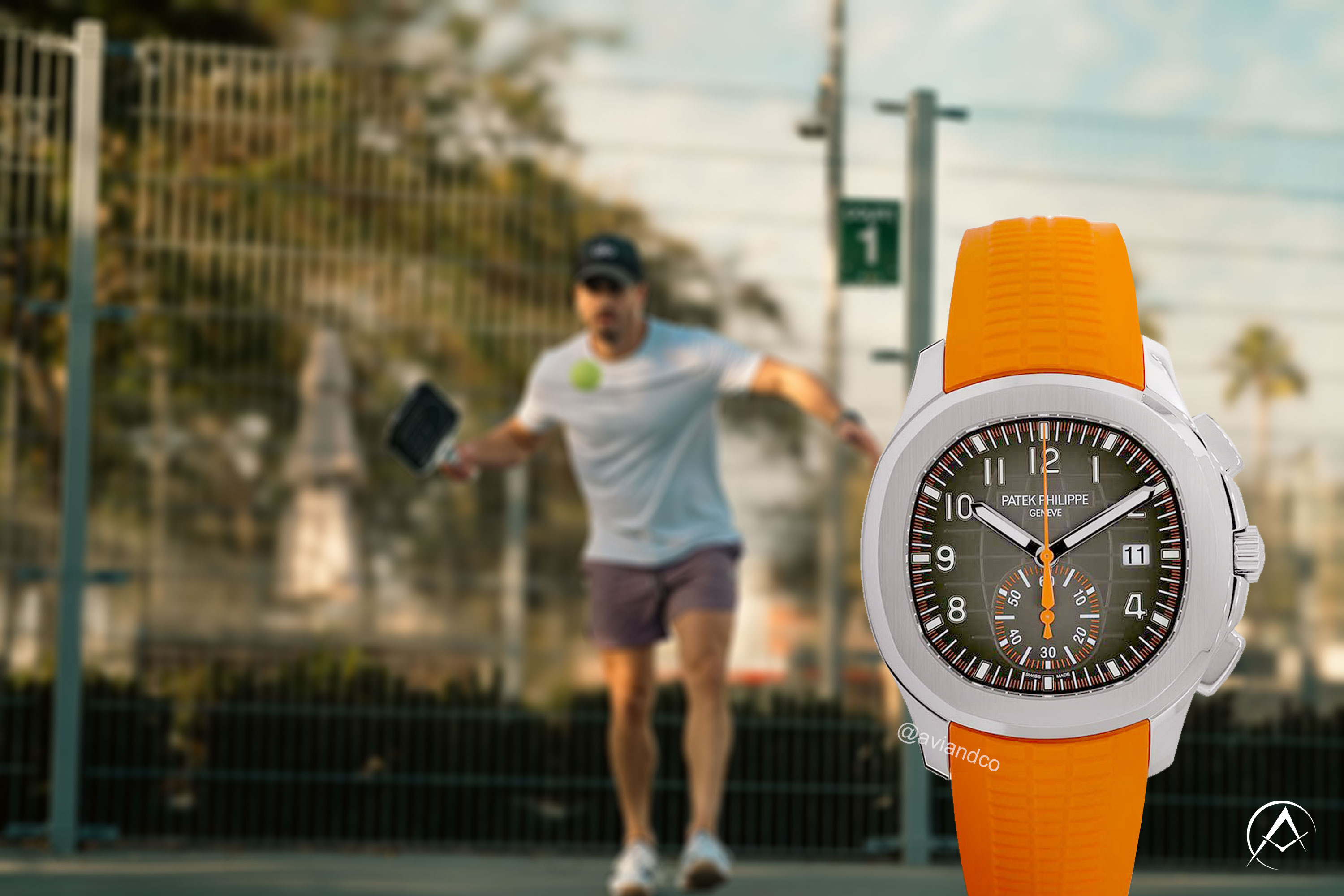 Patek Philippe Aquanaut, Stainless Steel, Black Arabic Dial, Orange Strap on background with pickleball player
