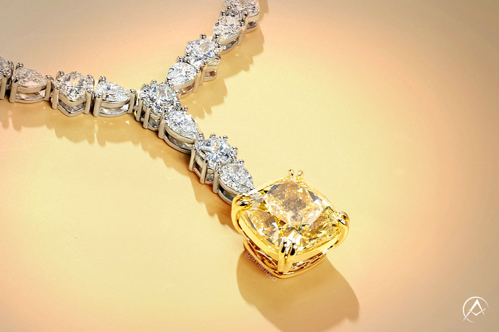Diamonds by Avi & Co. Fancy Yellow Diamond Jewelry, Yellow Cushion and Pear Cut Drop Necklace, Platinum & 18K Gold