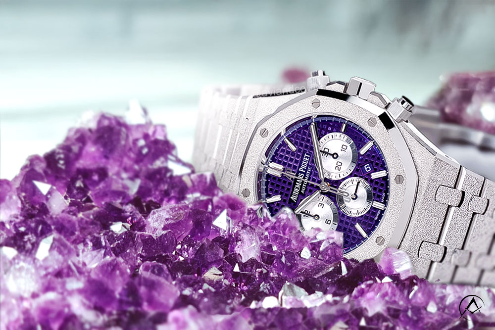 February birthstone amethyst purple watch Audemars Piguet Royal Oak Chronograph, 18K White Gold, Plum Grand Tapisserie Dial