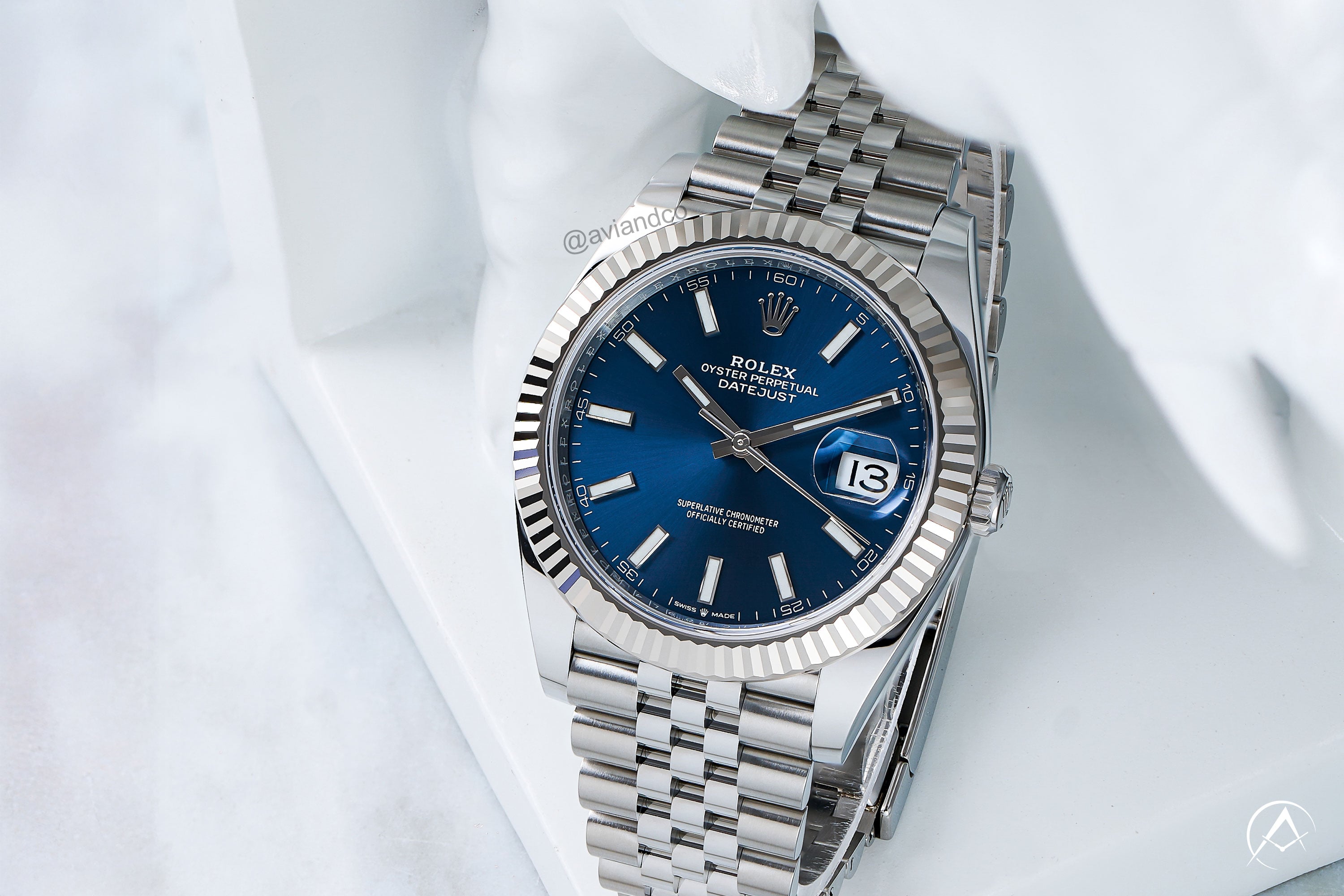 Rolex Datejust watch with blue dial and fluted bezel stainless steel Jubilee bracelet