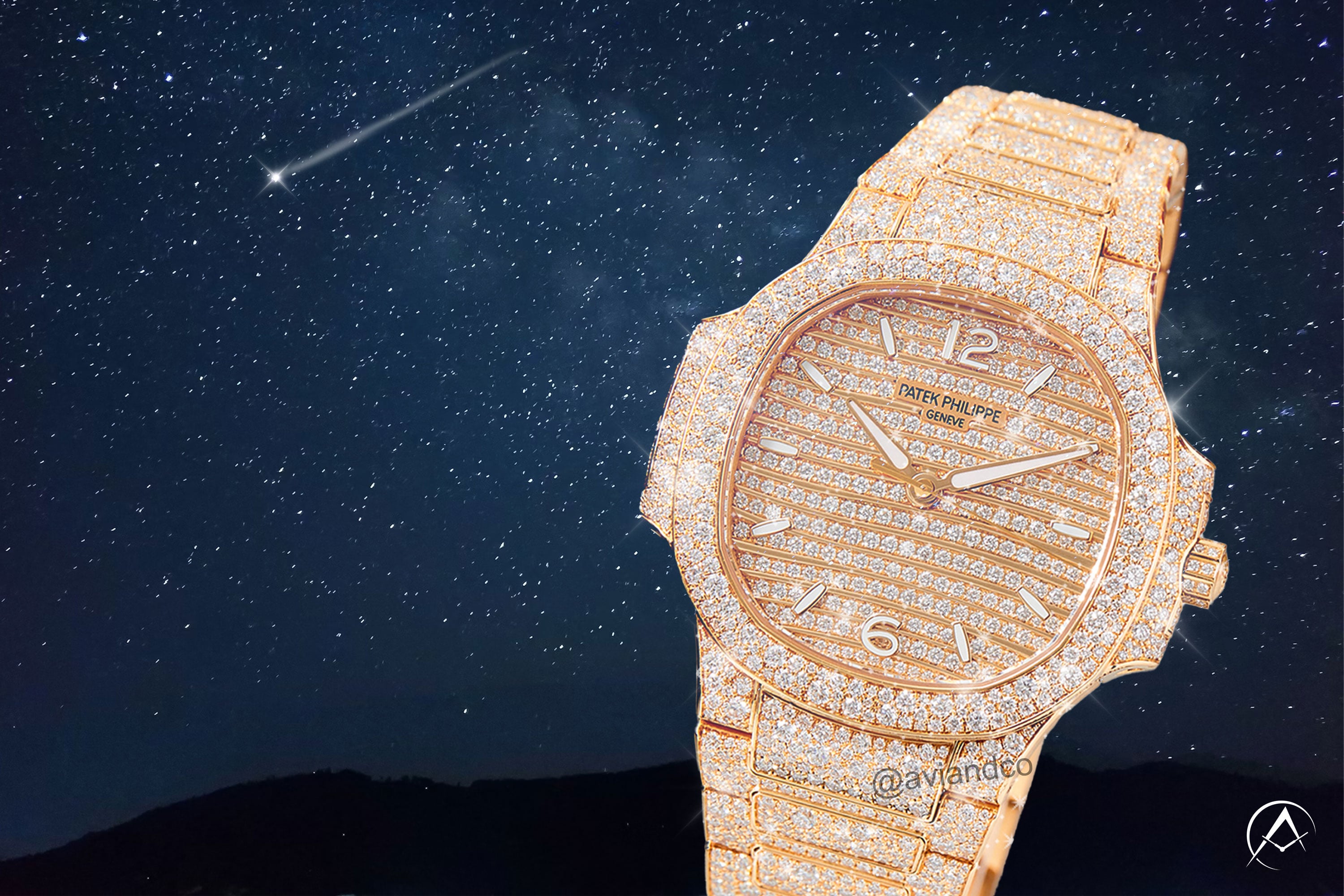 Patek Philippie diamond pave watch on celestial background of outer space