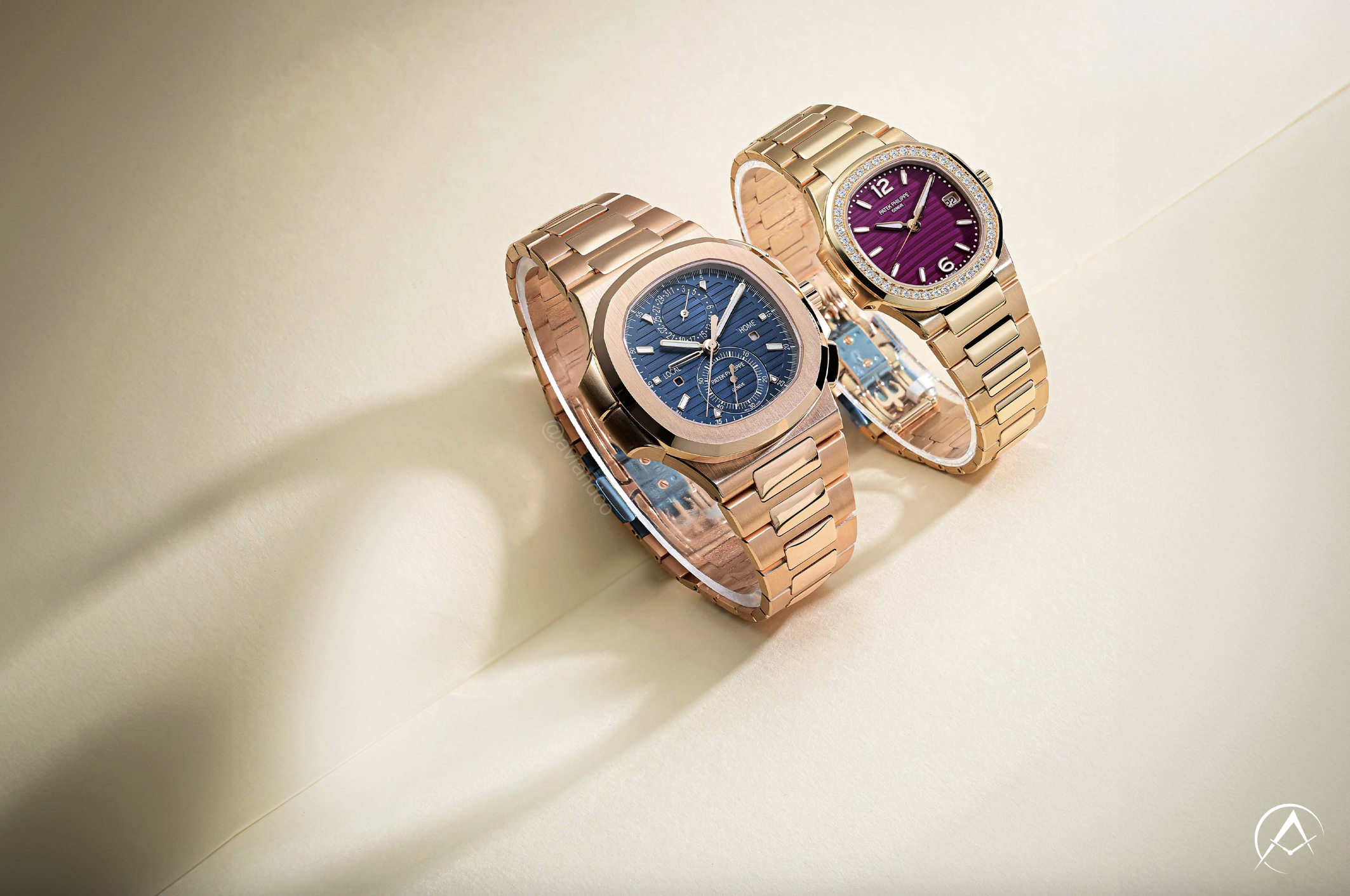 Patek Philippe Nautilus, 18K Rose Gold, Diamond Bezel, Purple Dial and Patek Philippe Nautilus, 18K Rose Gold, Blue Index Dial, 40 mm