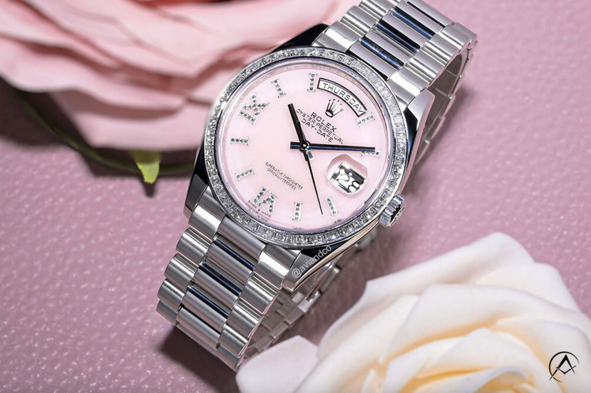 Rolex Day-Date 36, Platinum, Diamond Bezel, Pink Diamond Roman Dial