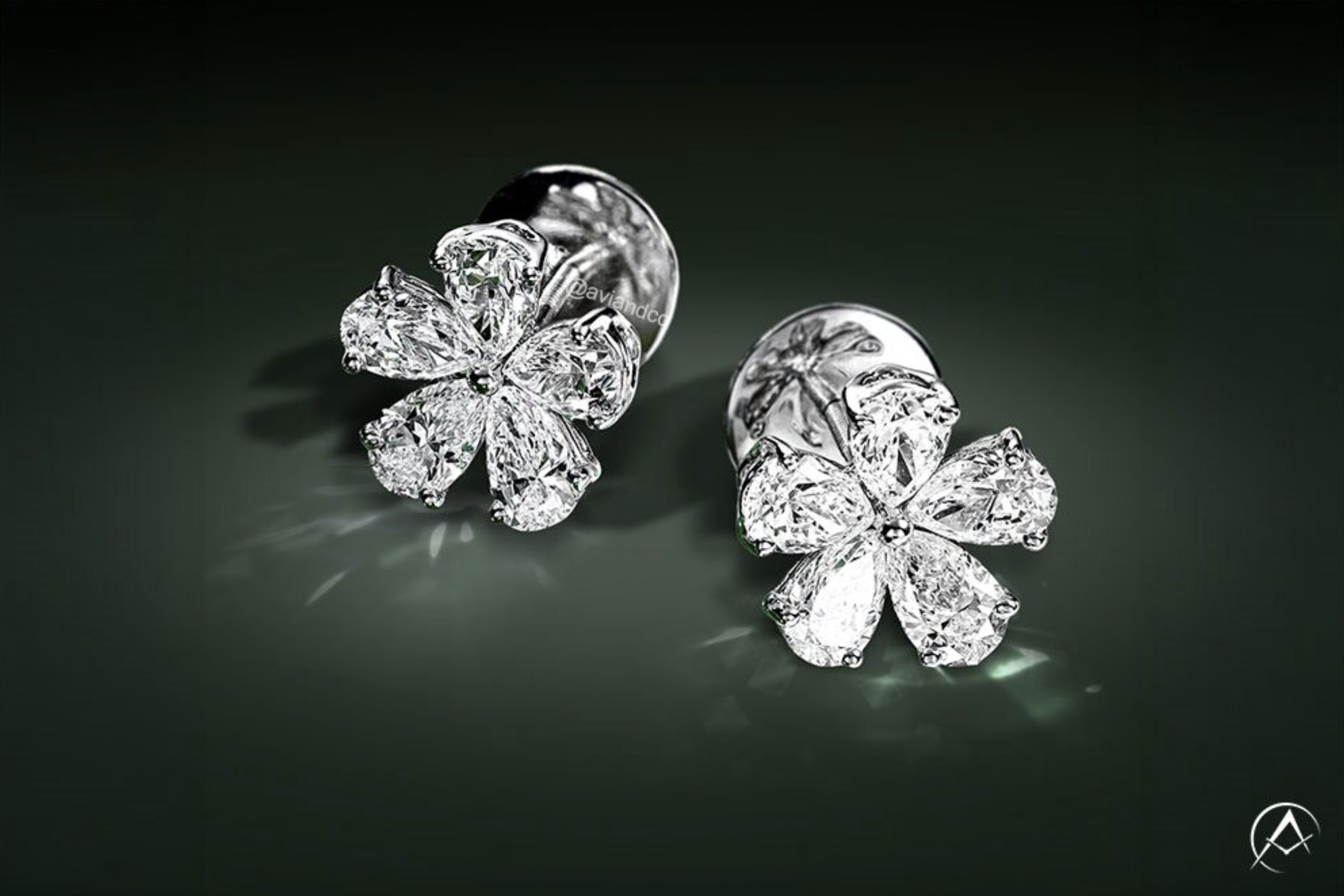 Diamonds by Avi & Co. Flower Stud Earrings, 18K White Gold, Pear Cut, 4.01 CT