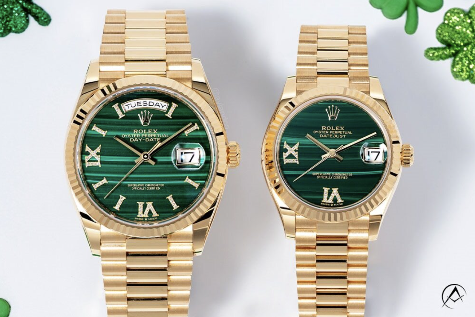 Malachite Rolex watches 18K yellow gold green dial, St. Patrick's Day green watches