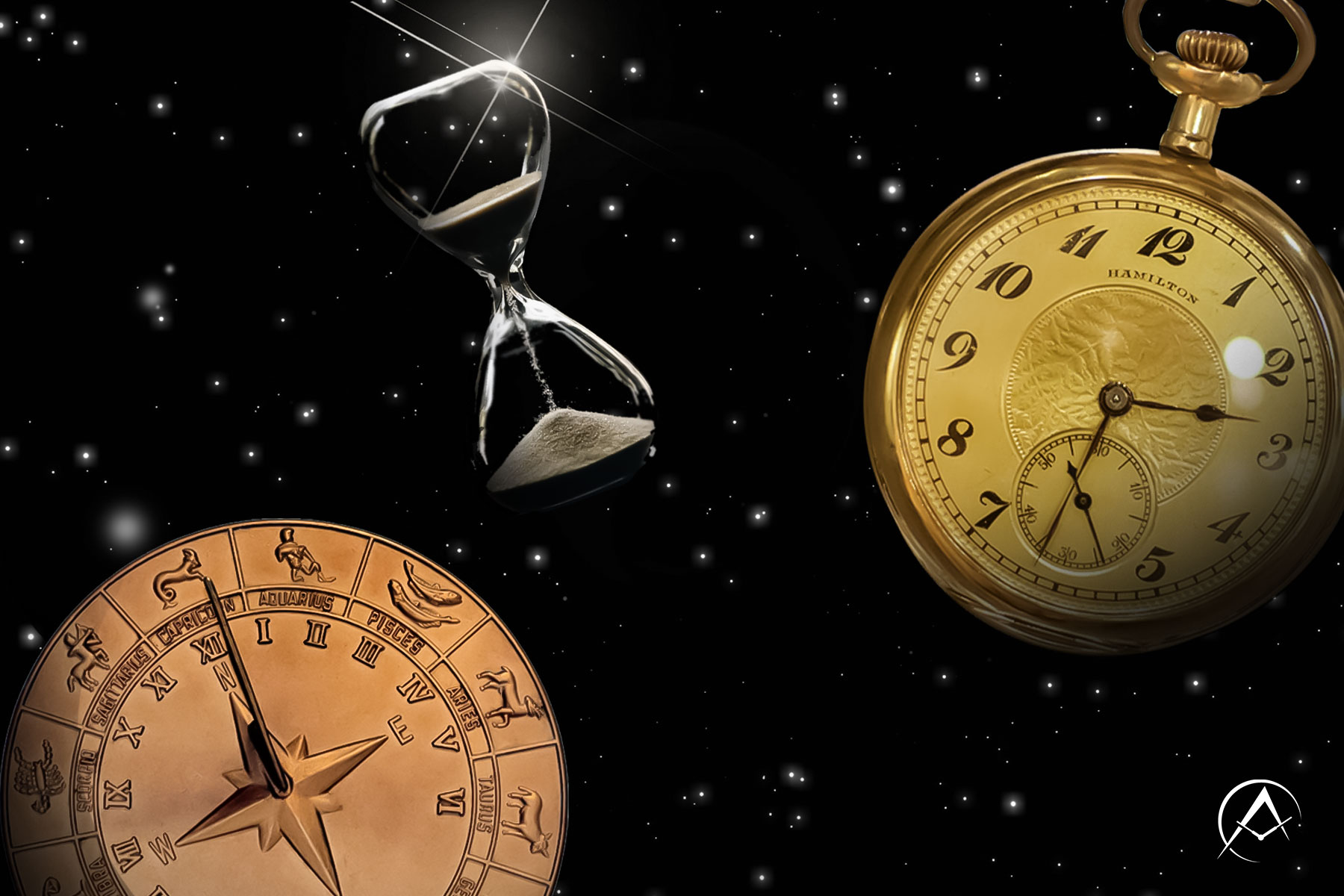 A Bronze Sundial, An Hourglass, and a Golden Pocket Watch on a Starry Black Background.