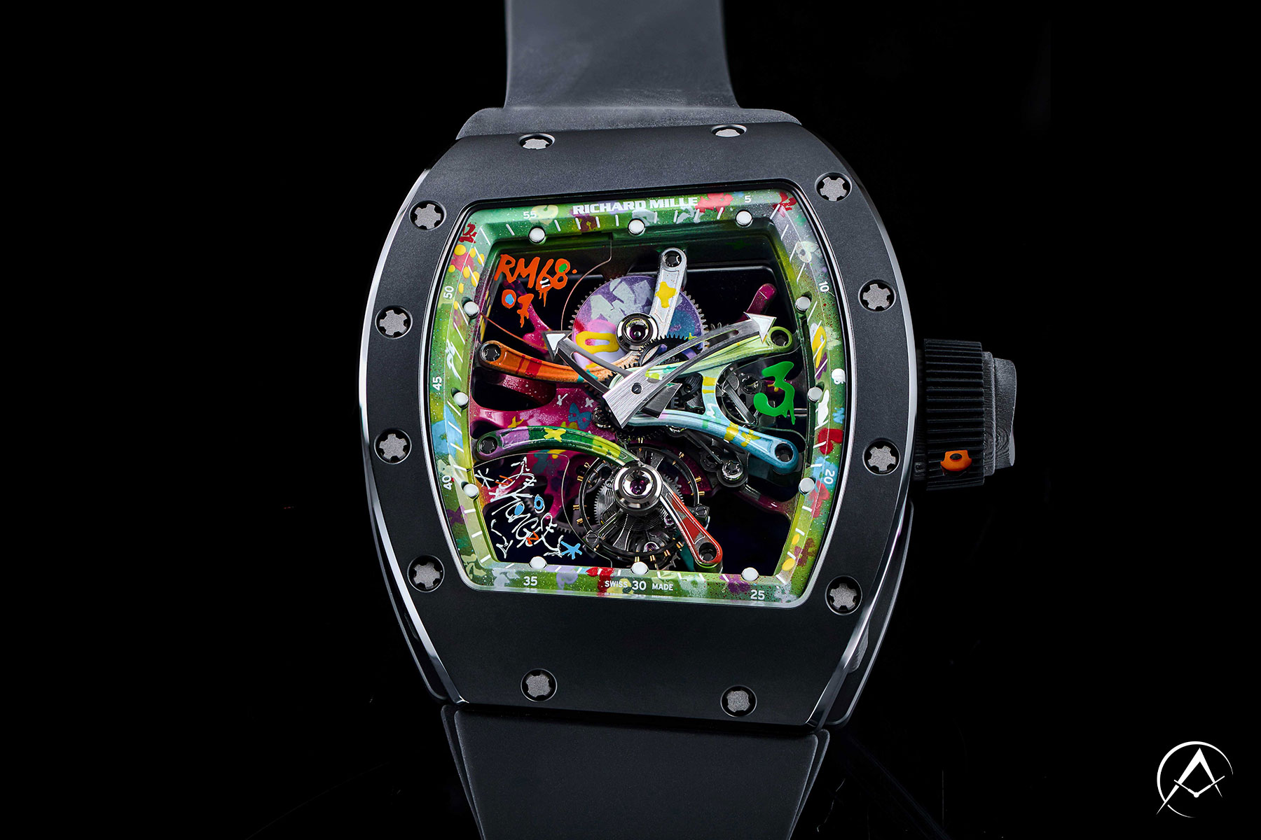 Richard Mille 68-01 with Colorful Skeleton Dial and Black Rubber Strap on a Black Background.