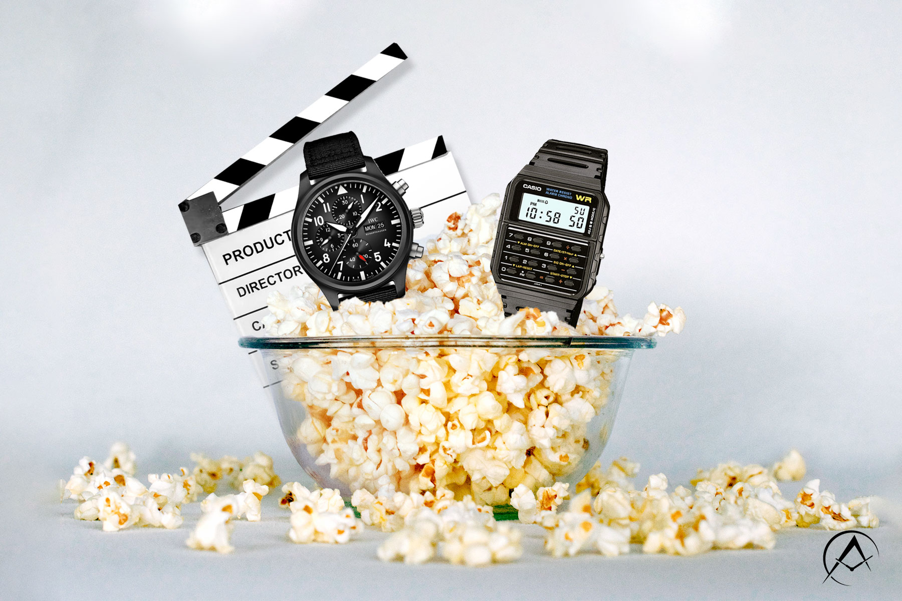 Two Black Dials and Black Bracelet Timepieces Sit in a Bowl of Popcorn with a Movie Clapboard Behind