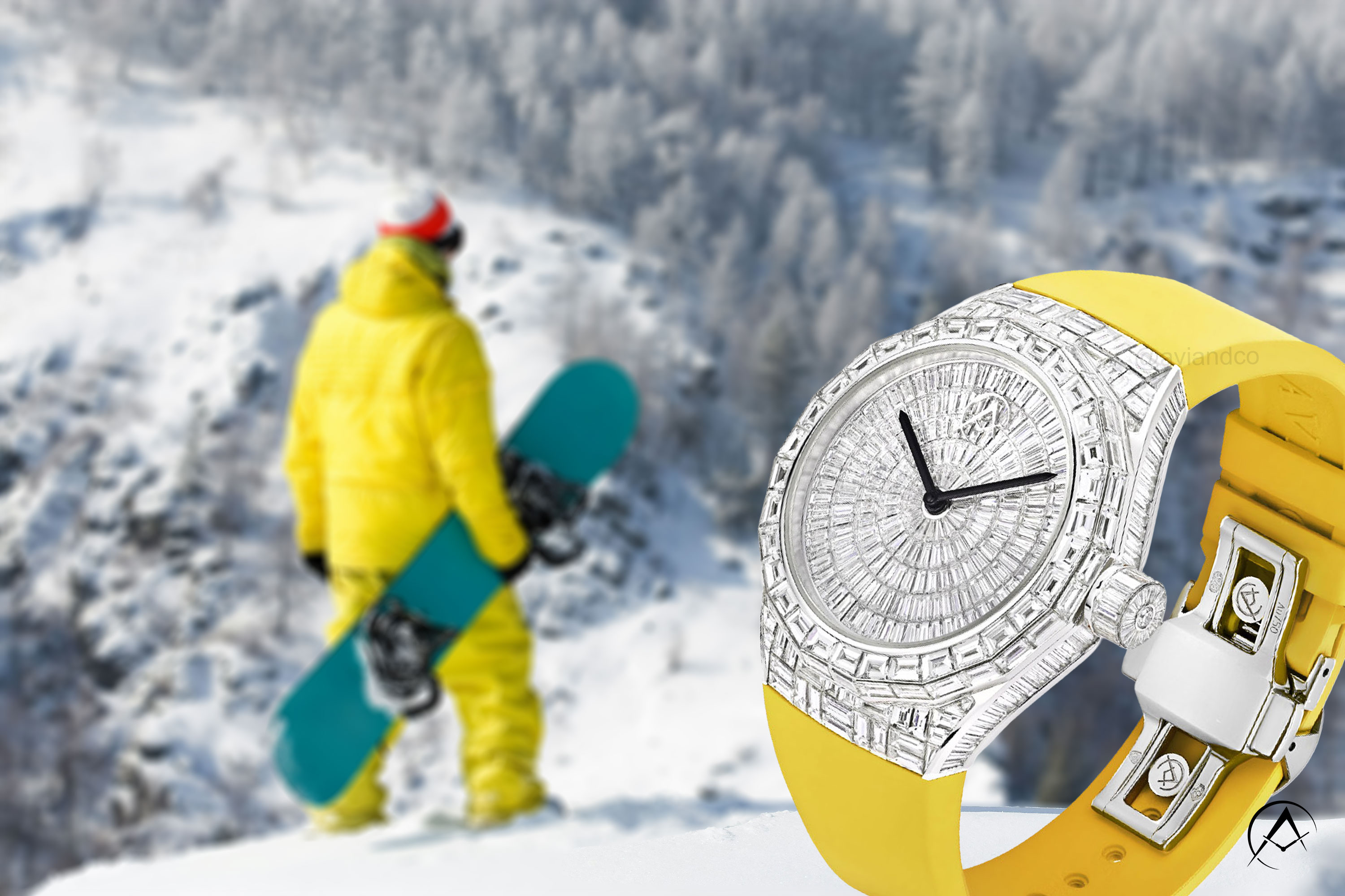 Avi & Co. Iced Collection Color in Motion Yellow Strap, 18K White Gold, 44 mm