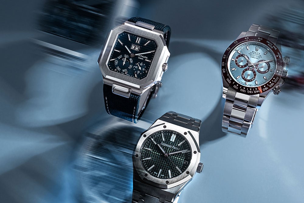 Patek Philippe Cubitis platinum watch with Rolex Daytona and Audemars Piguet watches