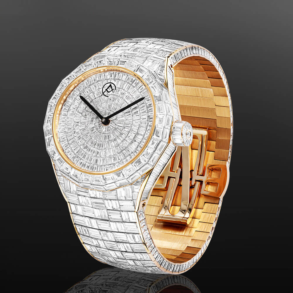 Avi & Co. Limited Edition Diamond-Pave Timepiece Displayed on a C-Ring with a Black Background.