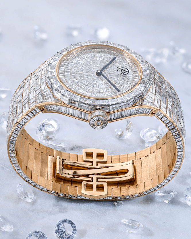 Limited Edition Watch Displayed on its Side Surrounded by Diamonds.