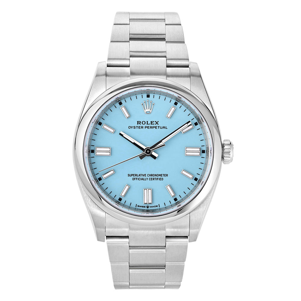 Rolex Oyster Perpetual Luxury Timepiece with 31 mm Stainless Steel Case, Turquoise Index Dial, and Smooth Bezel.