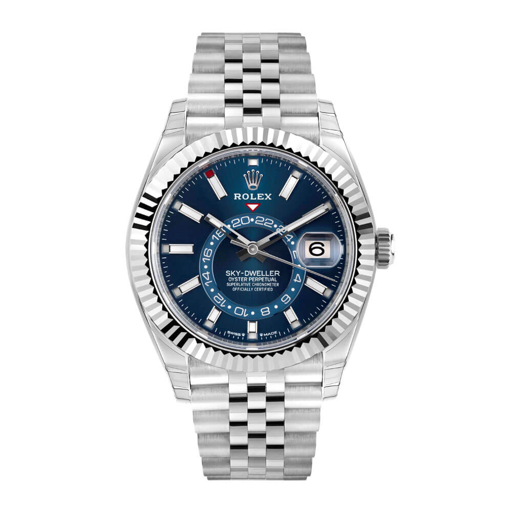 Stainless Steel 42 mm Rolex Sky-Dweller Timepiece with Blue Dial and Fluted Bezel on a White Background.