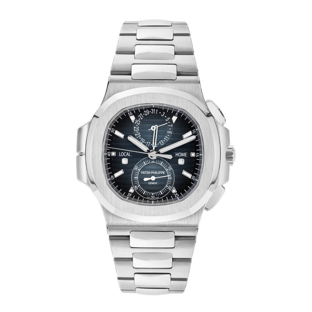 40 mm Stainless Steel Patek Philippe Nautilus with Blue Dial, Index Hour Markers, and Flyback Chronograph.