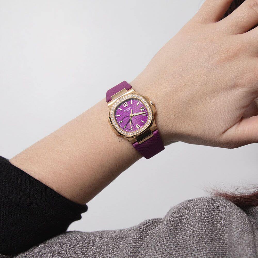 Patek Philippe Nautilus Reference 7010R, 18K Rose Gold, Diamond Bezel, Purple Dial