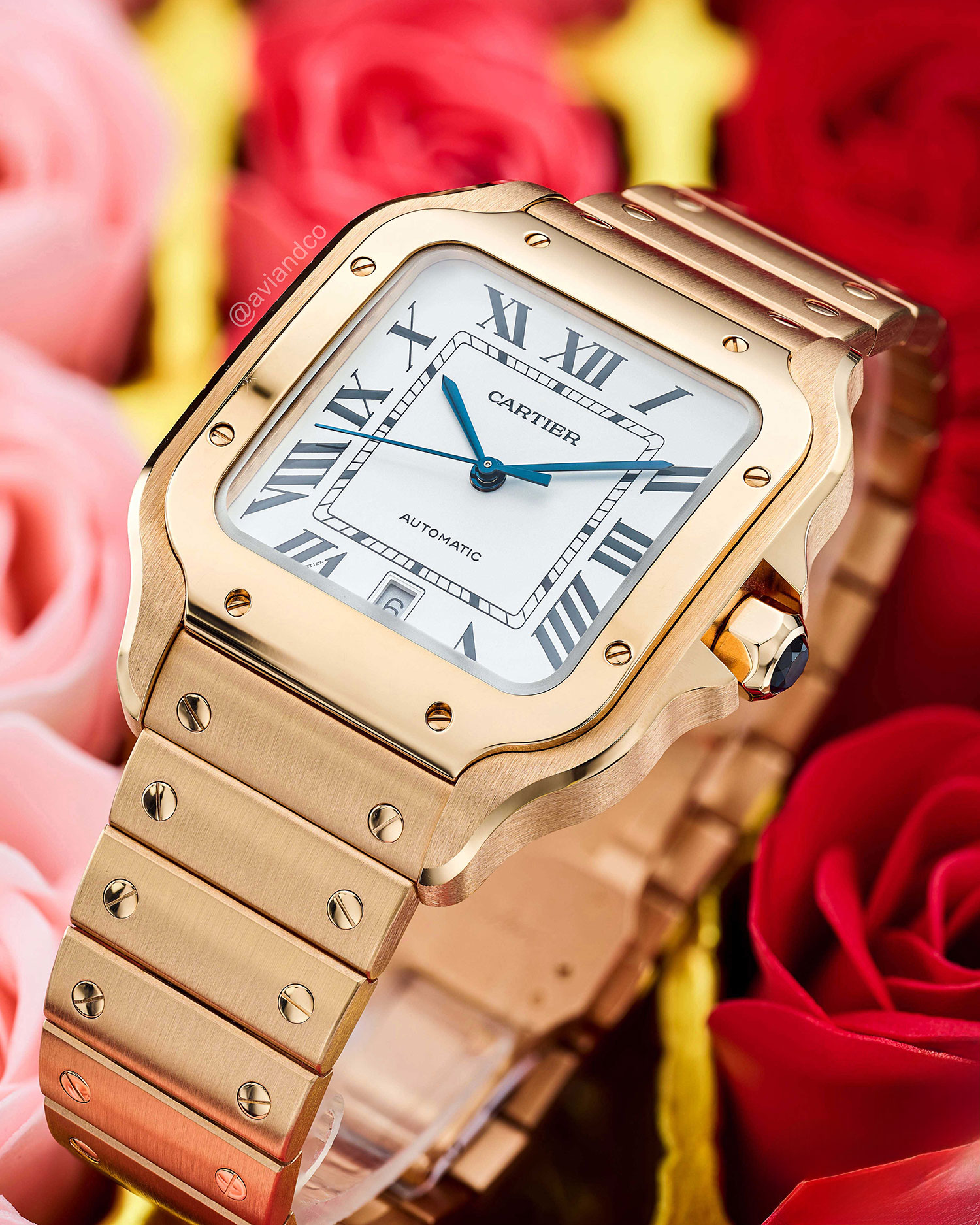 40 mm 18K Rose Gold Luxury Timepiece with White Roman Dial, Square Bezel, and Date Function.