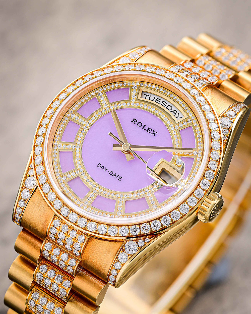 Rolex Day-Date 36, 18K Yellow Gold, Lavender Jade Carousel Diamond Dial