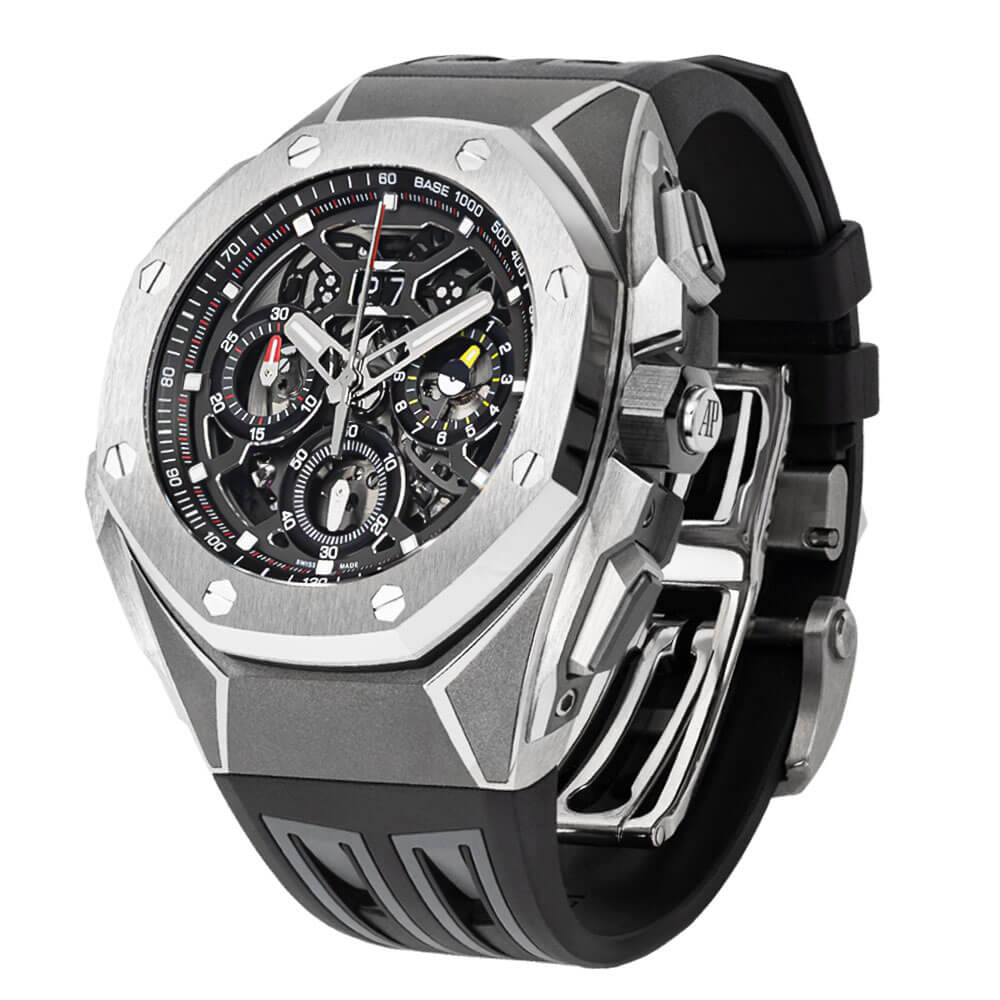 Titanium 43 mm Audemars Piguet Royal Oak Concept Timepiece with Skeleton Dial and Black Strap Displayed on a Clear C-Ring on a White Bacgkround.