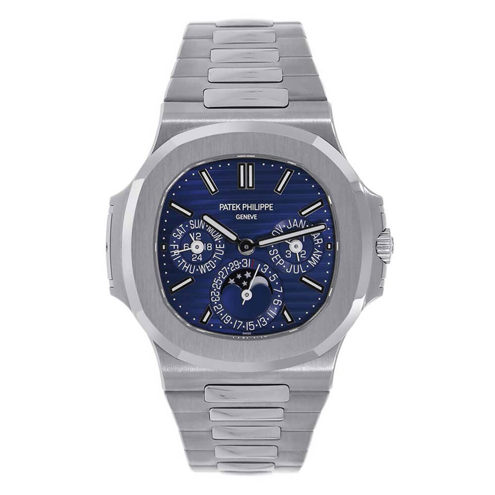 40 mm 18K White Gold Patek Philippe Nautilus with Blue Dial, Index Hour Markers, Perpetual Calendar, and Moonphase Function.
