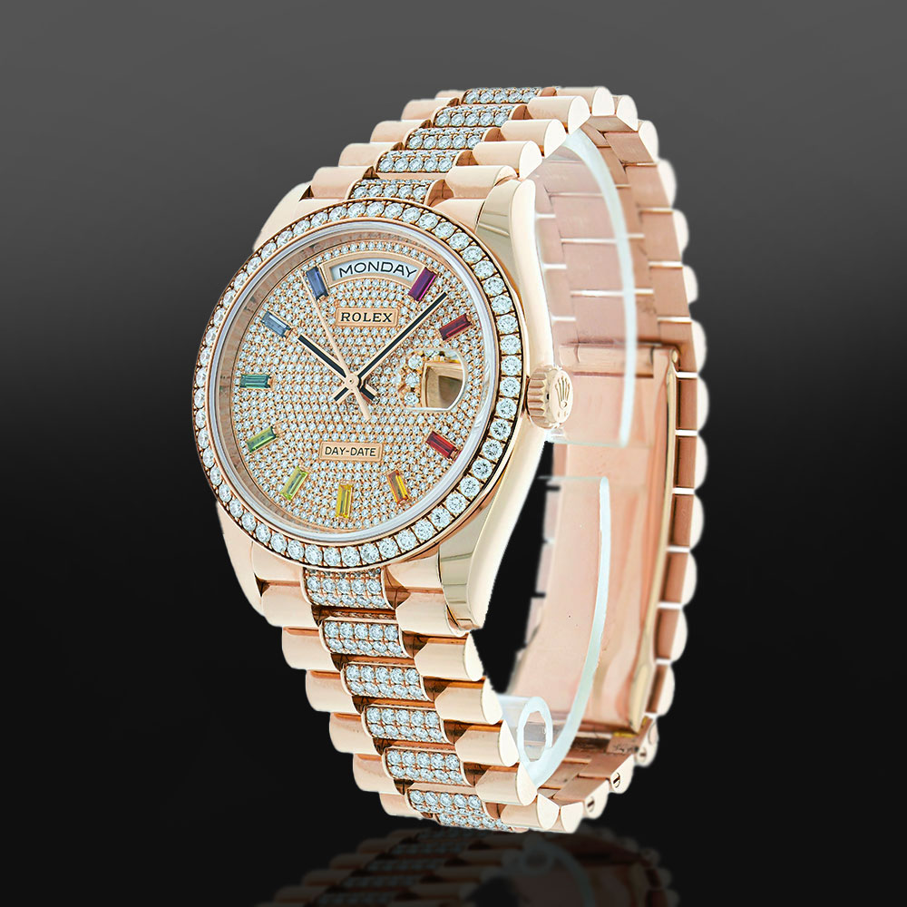 18K Rose Gold 36 mm Rolex President Day-Date with Pave Rainbow Baguette Diamond Dial and Baguette Index Markers.