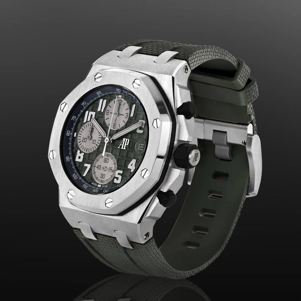 Black Dial Titanium Timepiece with Black Rubber Strap Displayed on a C-Ring on a Black Background.