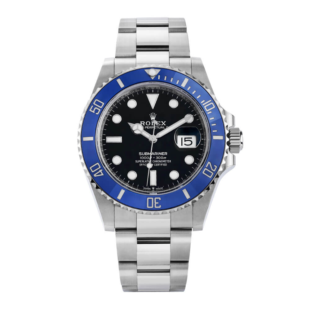 18K White Gold Rolex Submariner Timepiece with Unidirectional Ceramic Bezel, Black Dial, and Blue Bezel.
