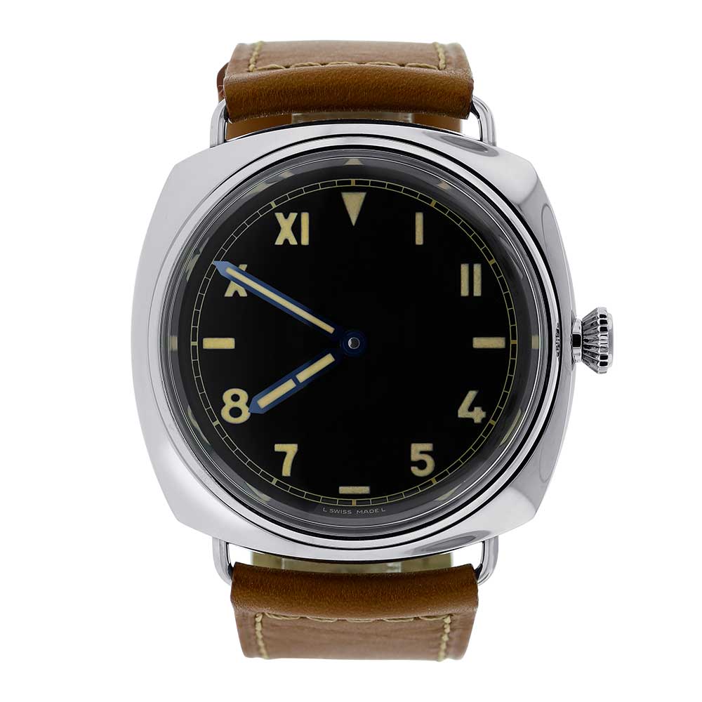 Limited Edition Panerai Radiomir 1936 California with 47 mm Stainless Steel Case, Black Dial, Brown Leather Bracelet, and Great Holiday Gift for Watch Collection.