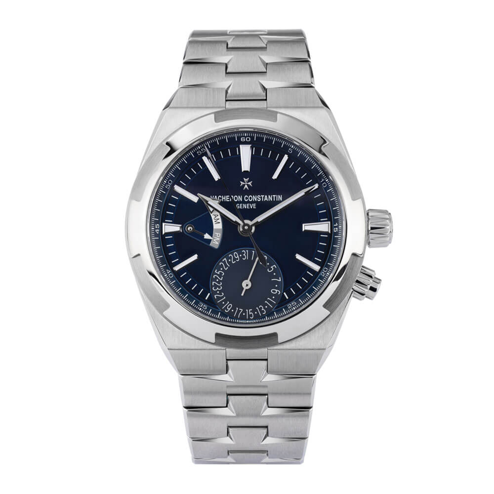 Stainless Steel 41 mm Vacheron Constantin Overseas Timepiece with Blue Dial on a White Background.