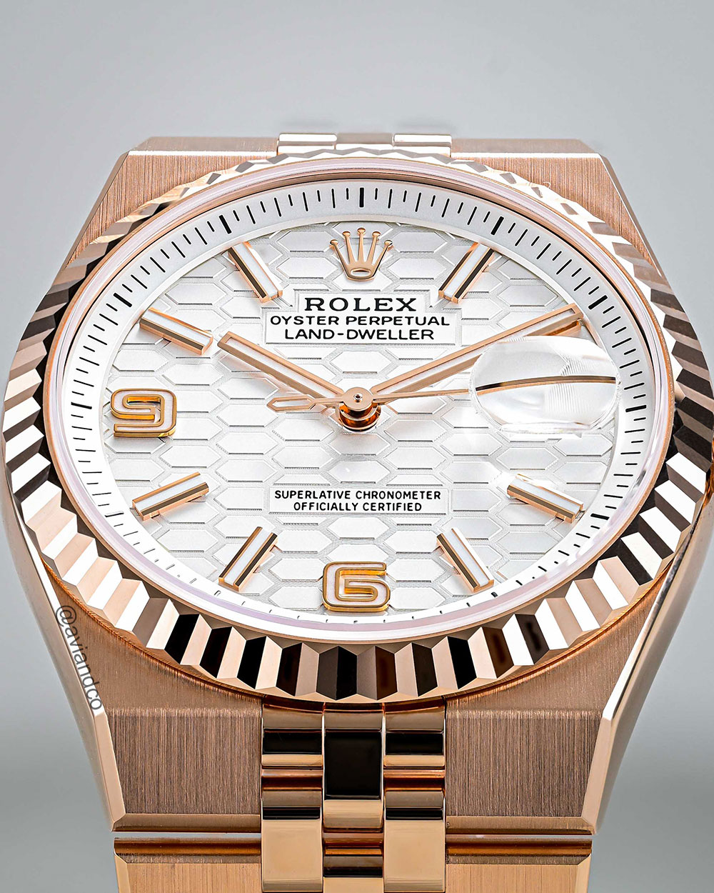 Rolex Land-Dweller, 18K Rose Gold, White Honeycomb Motif Dial, Flat Jubilee Bracelet
