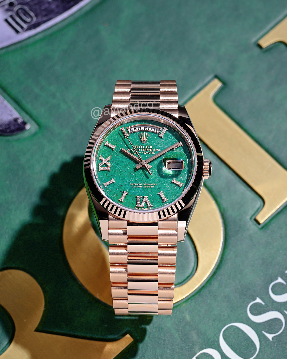 Rolex Day-Date 36, 18K Rose Gold, Green Aventurine Diamond Dial