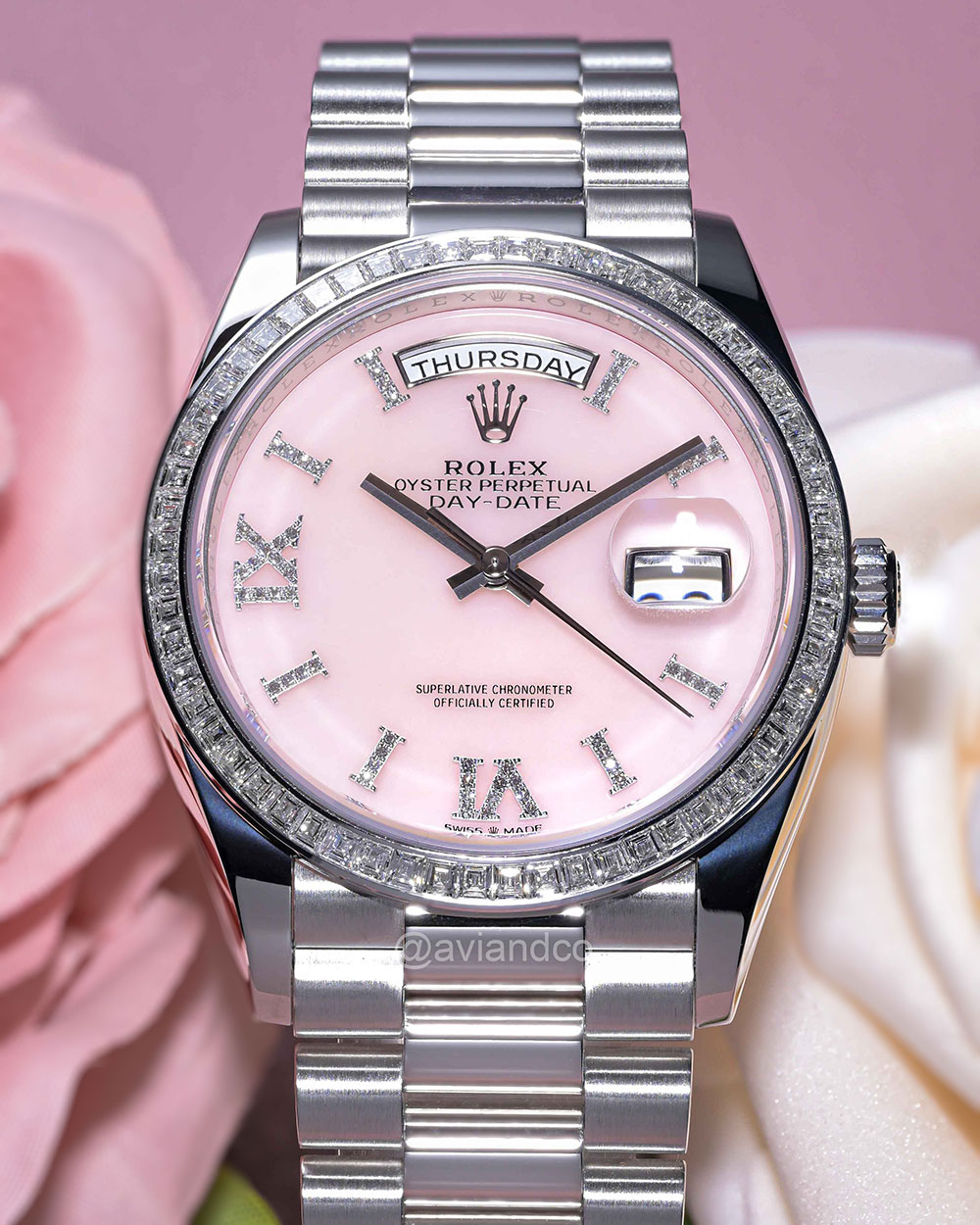 Rolex Day-Date 36, Platinum, Diamond Bezel, Pink Diamond Roman Dial