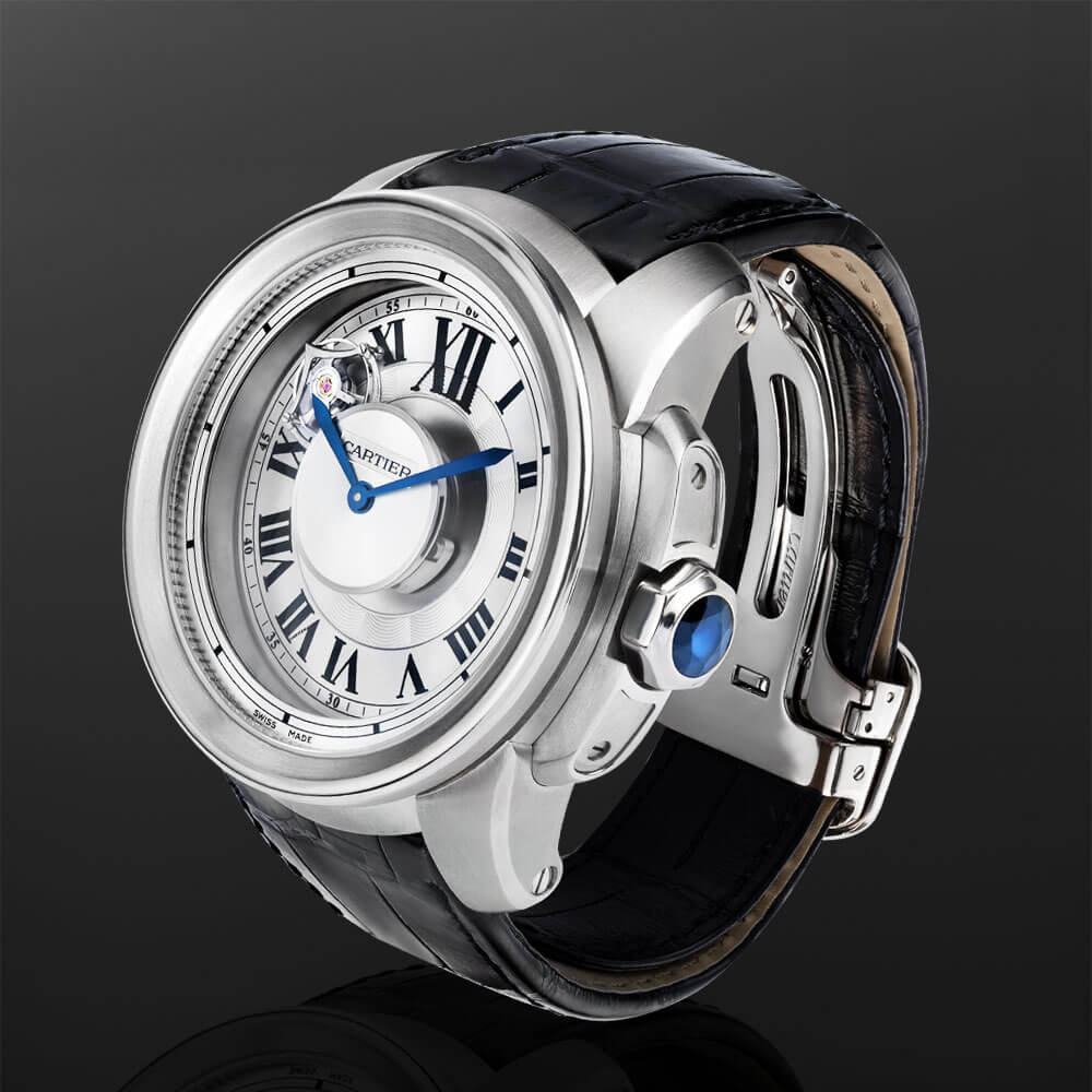 Titanium White Dial Timepiece with Black Leather Strap Displayed on a C-Ring on a Black Background.