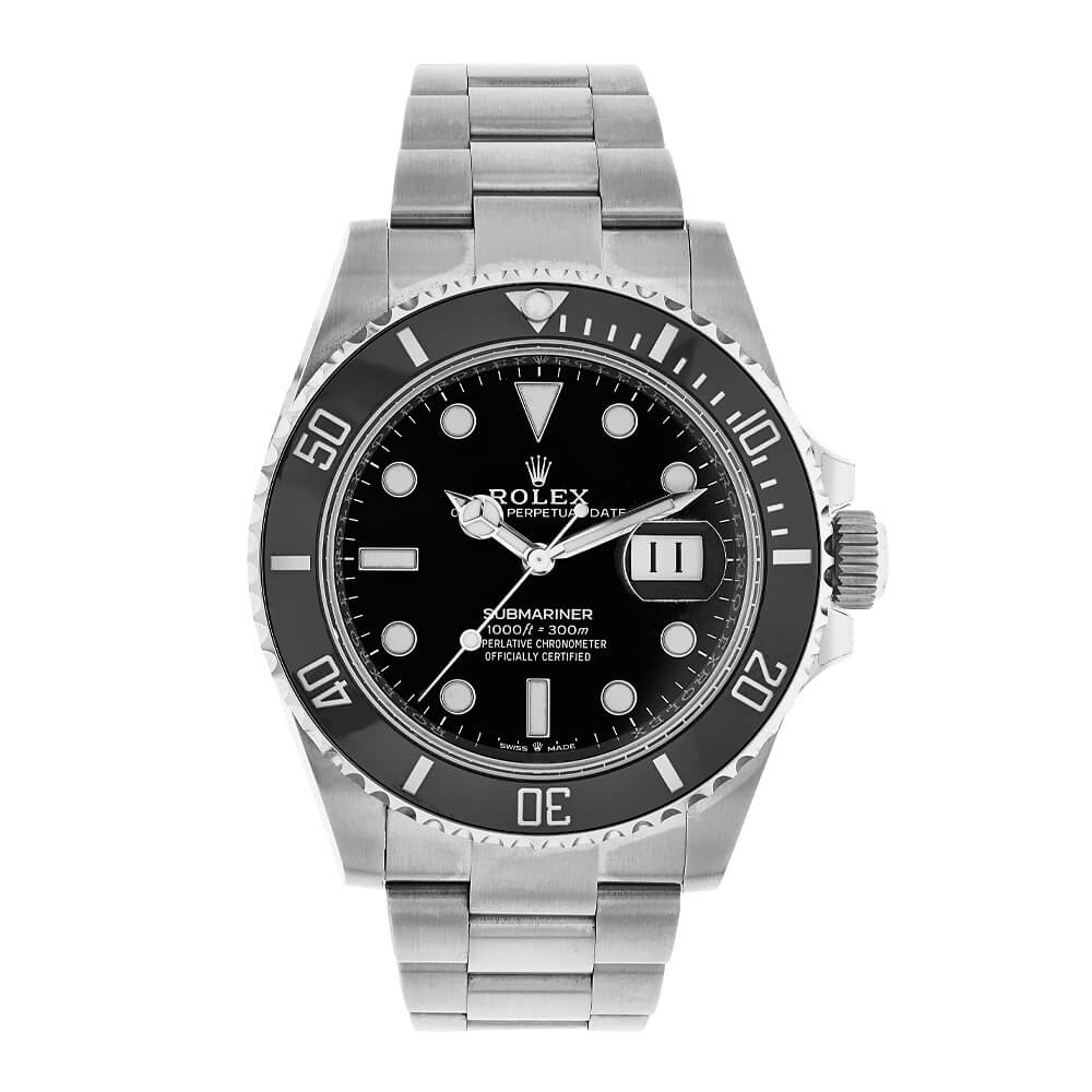 Stainless Steel Rolex Submariner with Unidirectional Ceramic Bezel, Black Dial, and Black Bezel.