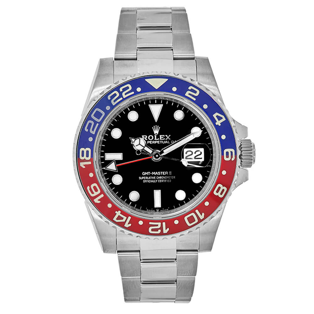 Rolex GMT-Master II ‘Pepsi’ Luxury Watch with 40 mm Stainless Steel Case, Ceramic Red and Blue Bezel, Black Dial, Date Function, and Oyster Bracelet Ideal for a Holiday Gift.