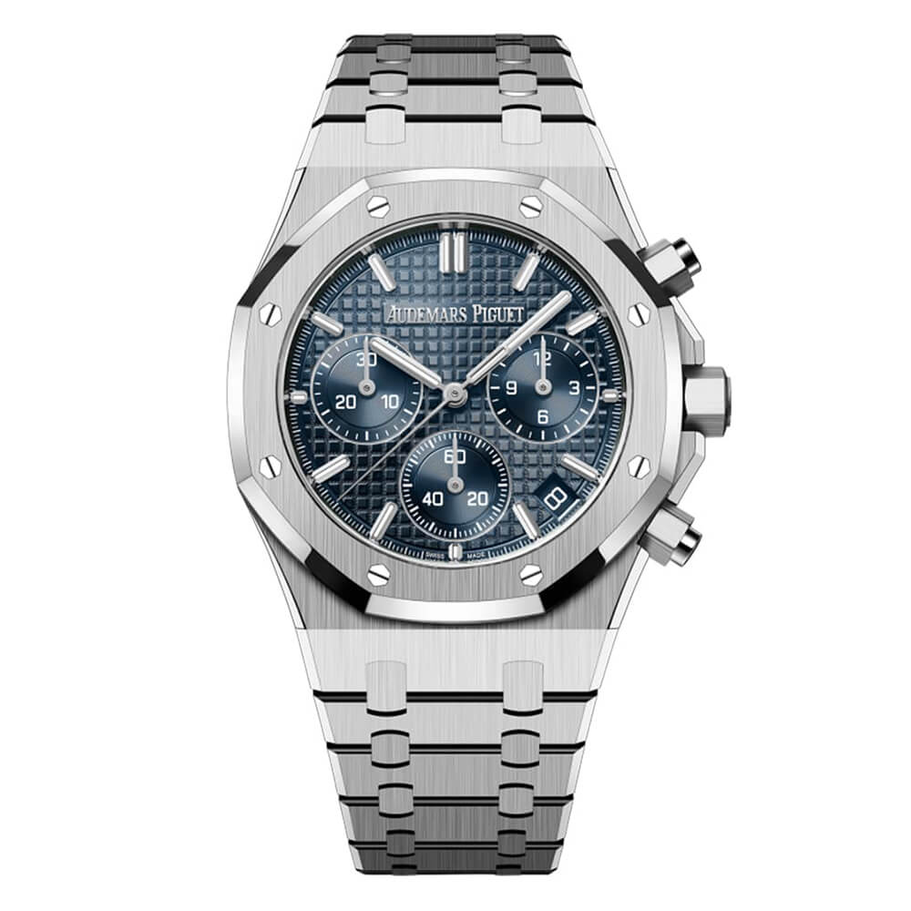 Audemars Piguet Watch with Stainless Steel 41 mm Case, Fixed Bezel, Chronograph Function, Blue Dial, Index Hour Markers, and Date Function Perfect for Your Watch Collection.