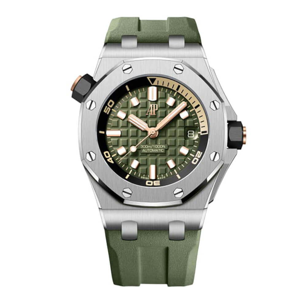 42 mm Stainless Steel Audemars Piguet Royal Oak Offshore with Green Index Dial and Green Rubber Strap.