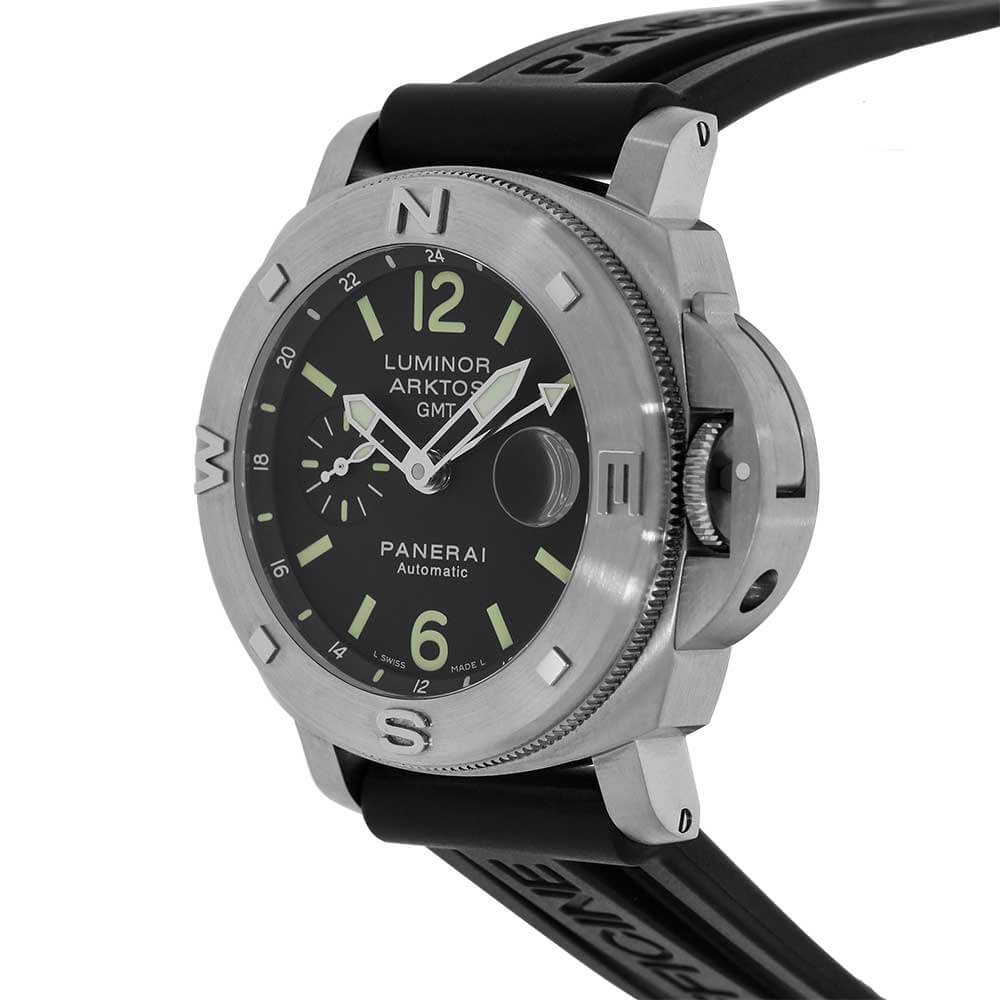 Stainless Steel 44 mm Panerai Luminor Timepiece with a Black Dial and Black Strap on a White Background.