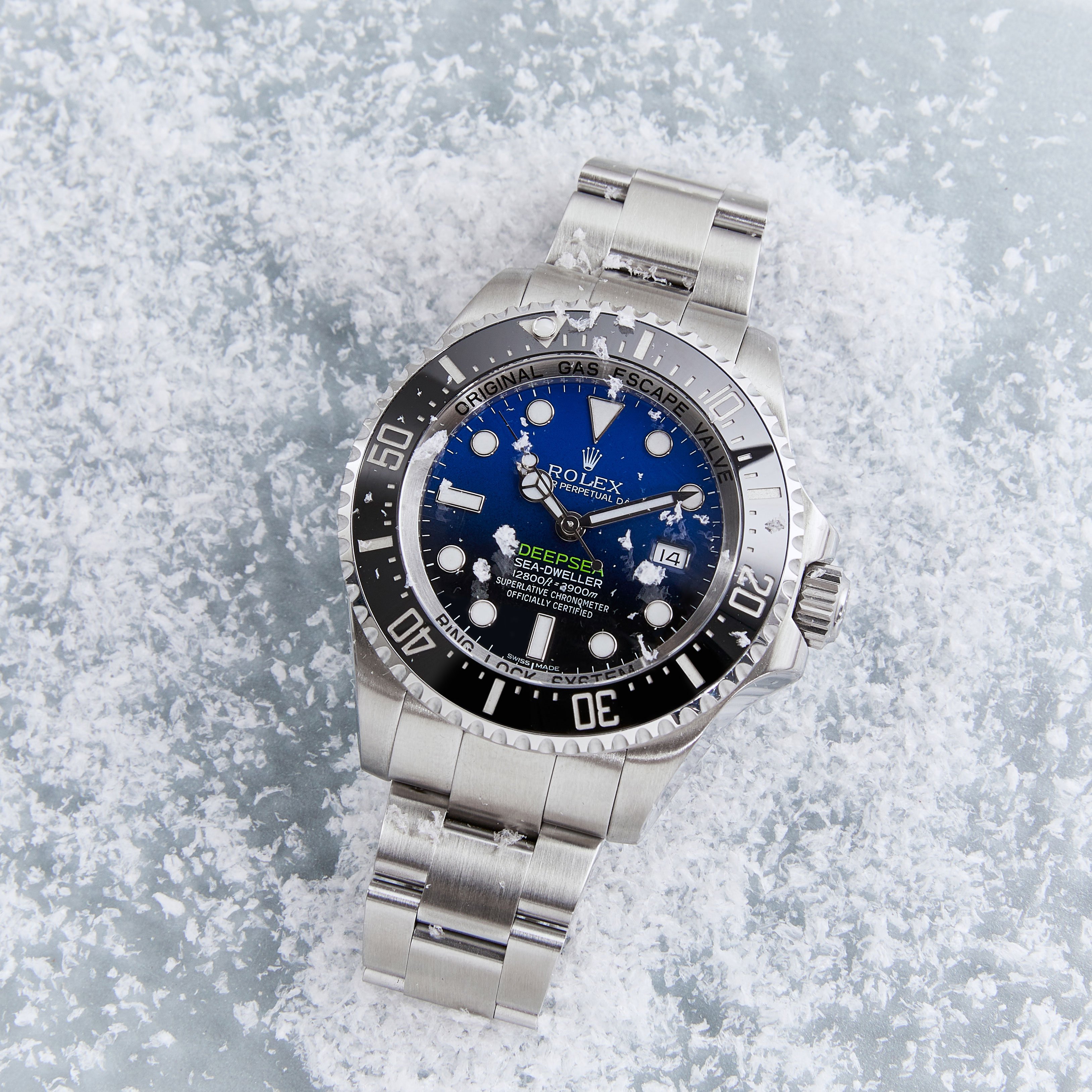 Rolex Sea-Dweller ‘James Cameron’ Deepsea with Black Bezel and Stainless Steel Bracelet Lays in the Snow.