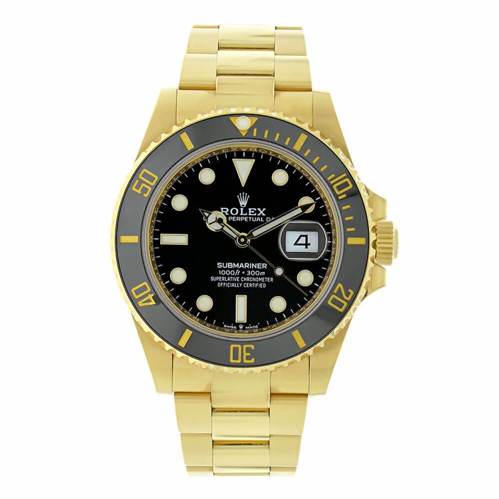 18K Yellow Gold Rolex Submariner with Unidirectional Ceramic Bezel, Black Dial, and Black Bezel.