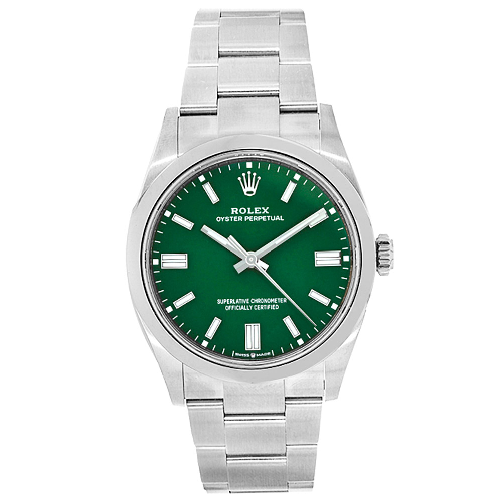 Rolex Oyster Perpetual Luxury Timepiece with 41 mm Stainless Steel Case, Green Index Dial, and Smooth Bezel.